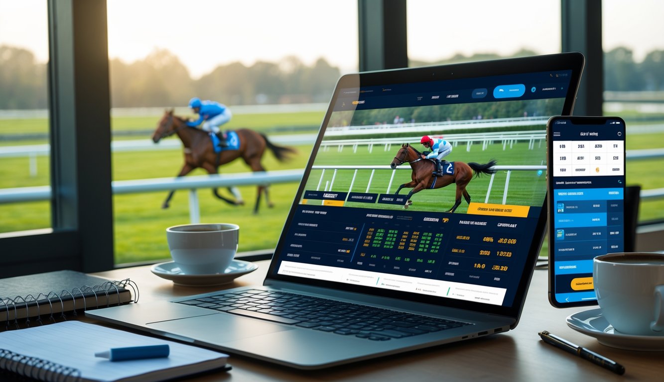 Sebuah ruang kerja modern dengan laptop yang menampilkan situs balap kuda, di latar belakang terlihat pacuan kuda sedang berlangsung di bawah sinar matahari.