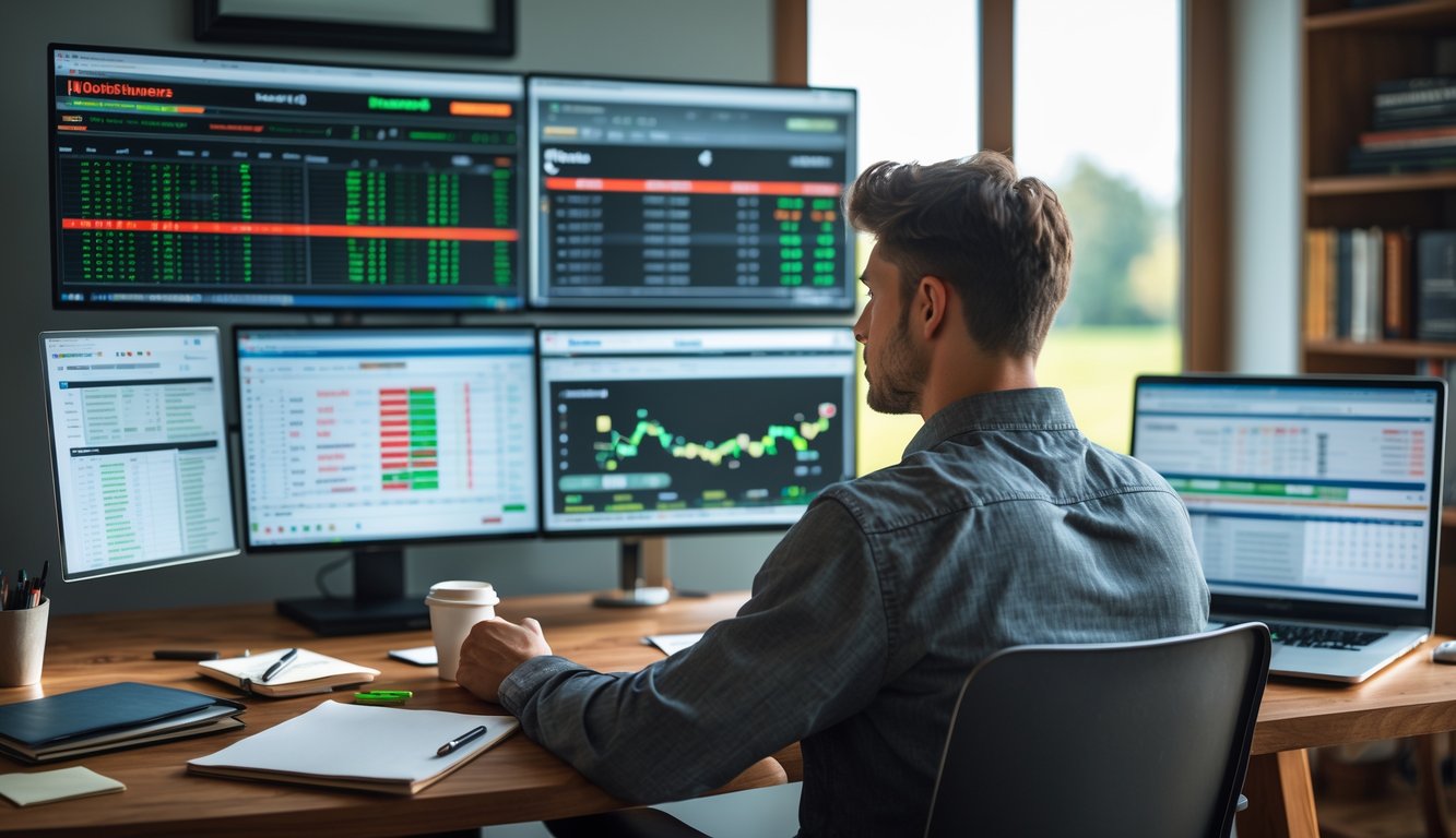 Seorang pria muda duduk di meja kerja di rumah, menganalisis data dan strategi balap kuda dengan beberapa layar komputer dan catatan di sekitarnya.