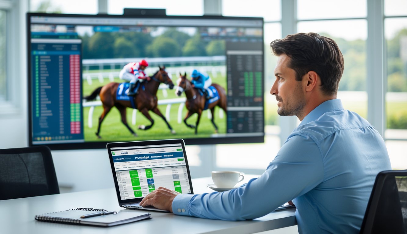 Seorang pria duduk di meja dengan laptop, menganalisis data balap kuda di layar komputer, di ruang kantor yang terang dan rapi.