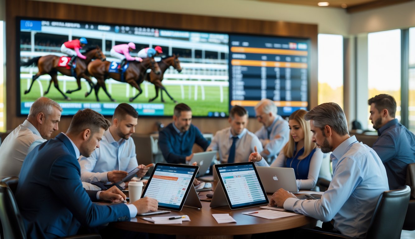 Sekelompok orang serius sedang mempelajari data balap kuda dan menonton balapan kuda secara langsung di ruang taruhan.