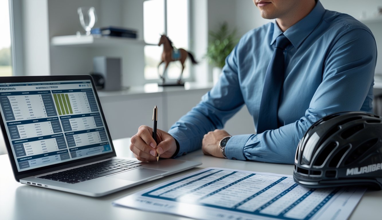 Seseorang sedang mempelajari panduan balap kuda di meja dengan laptop dan form guide, tampak fokus dan serius.