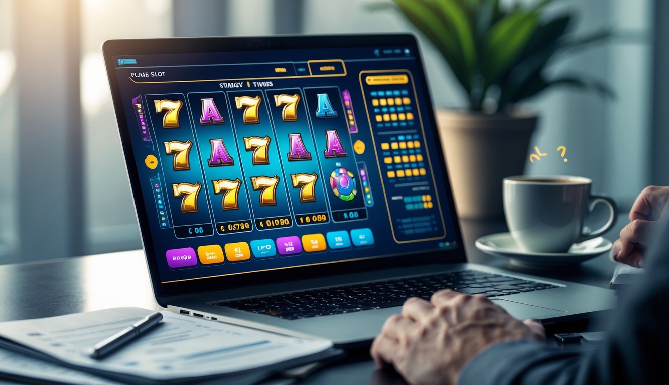 Seorang pemain duduk di depan laptop dengan tampilan permainan slot online dan catatan strategi di meja.