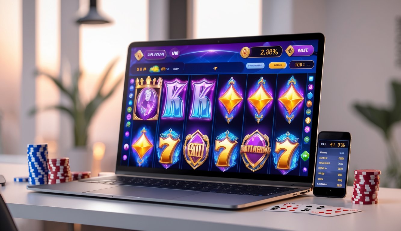 Seorang pemain berjudi slot online di depan komputer dengan tampilan permainan slot bertema putri dan elemen taruhan di sekitar meja.