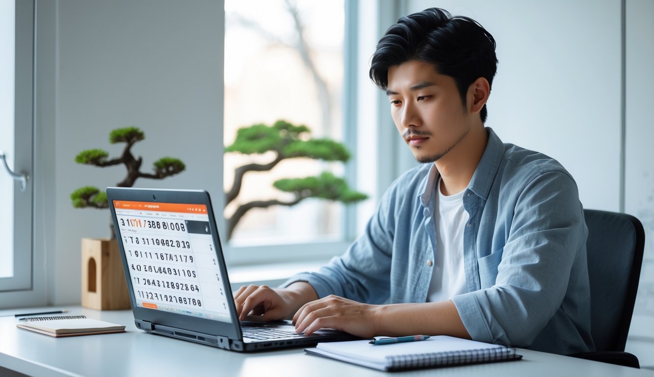 Seorang pria muda duduk di meja dengan laptop, fokus melihat layar sambil mencatat, di ruangan dengan dekorasi Jepang sederhana.