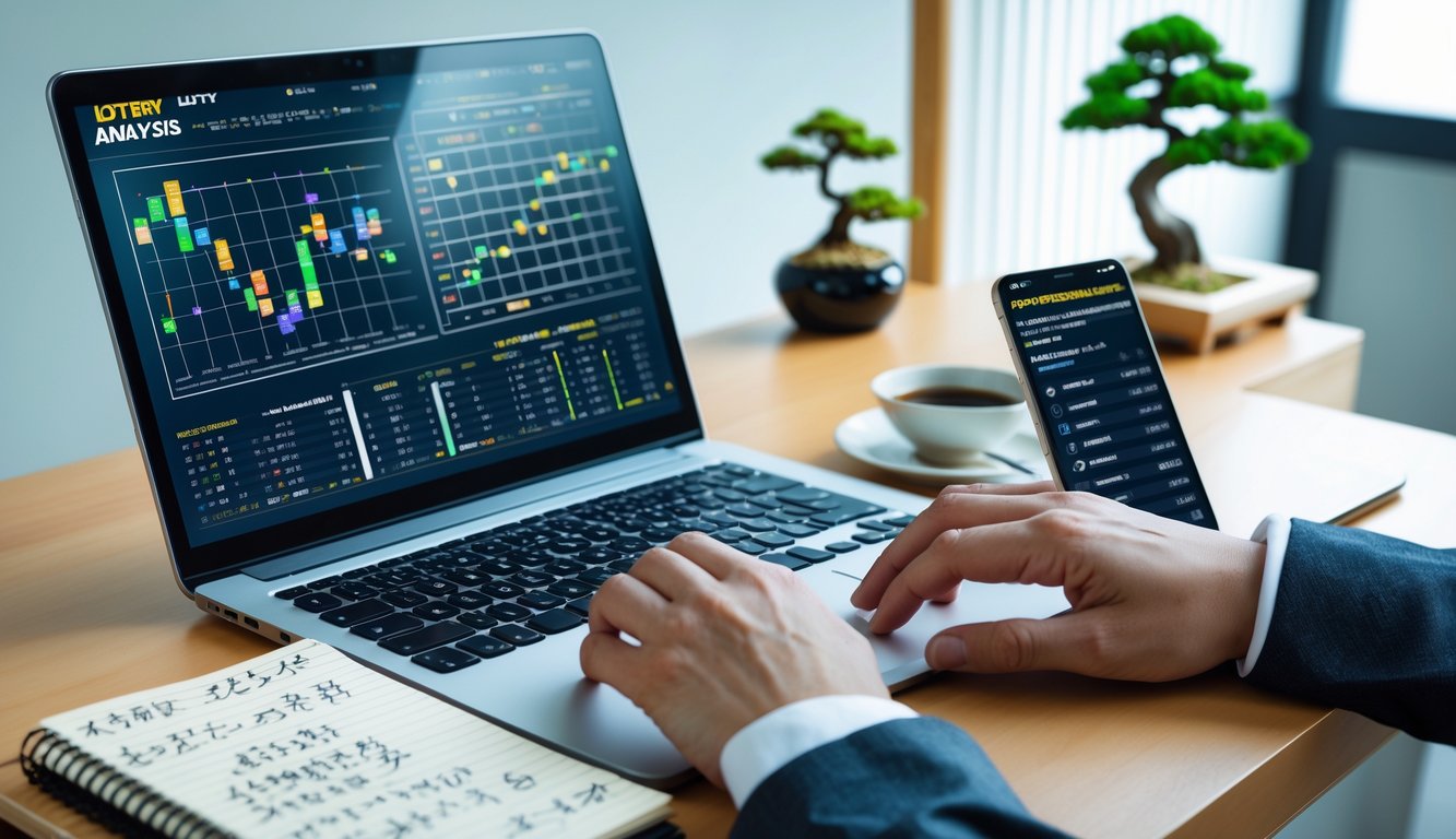 Meja kerja modern dengan laptop menampilkan grafik angka, tangan mengetik, dan ponsel menunjukkan situs judi togel Jepang.