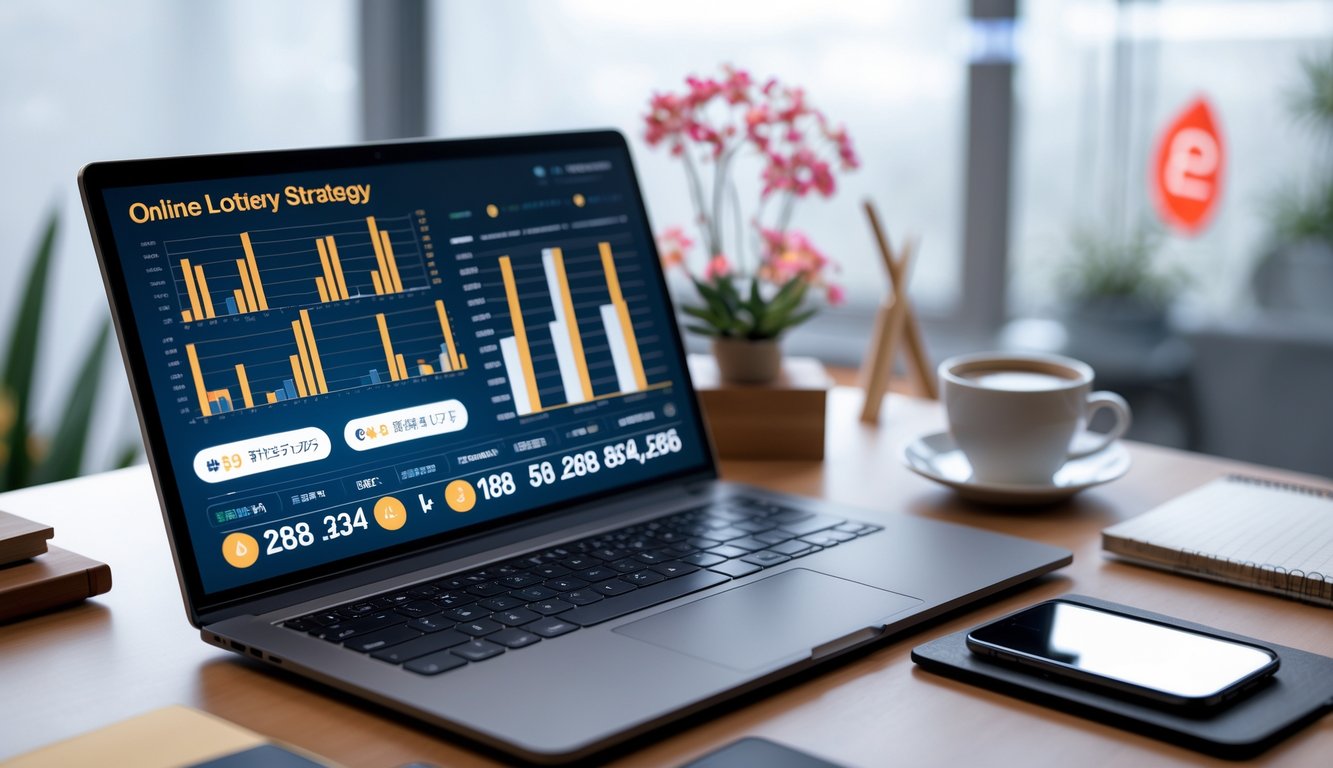 Meja kerja modern dengan laptop yang menampilkan grafik dan data, dilengkapi dengan elemen budaya Jepang dan peralatan kerja seperti buku catatan dan kopi.