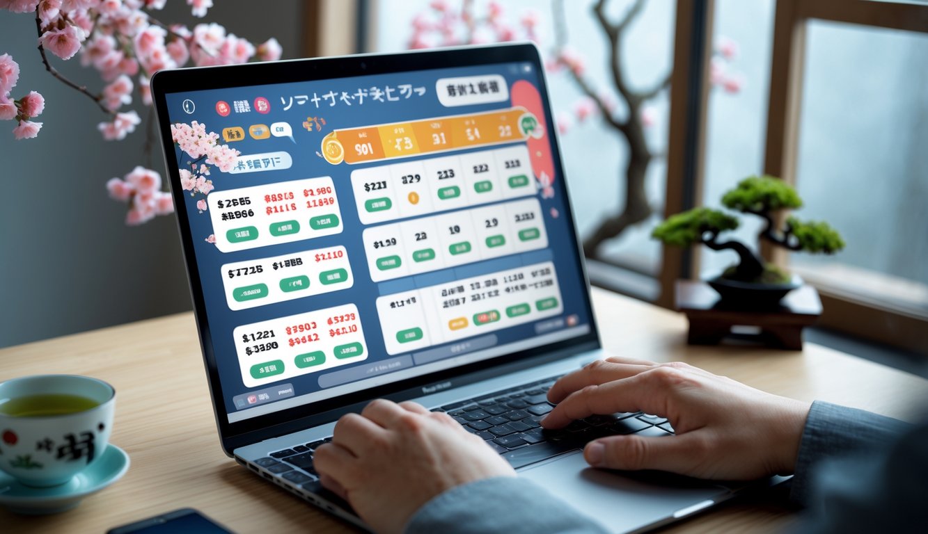 Seorang pria menggunakan laptop di meja kerja dengan suasana Jepang, menampilkan aktivitas bermain judi togel online.