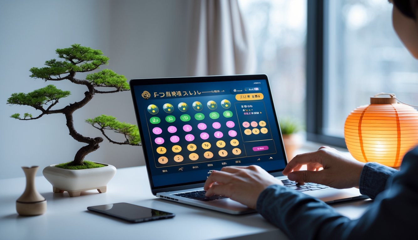Meja kerja modern dengan laptop yang menampilkan permainan togel Jepang, tangan seseorang sedang menggunakan laptop, dengan tanaman bonsai dan lentera kertas di sekitarnya.