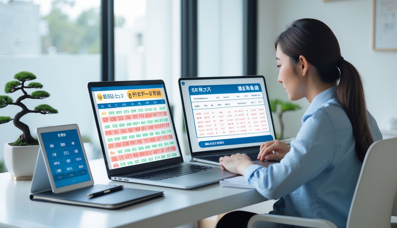 Seseorang duduk di meja kerja modern dengan perangkat digital yang menampilkan angka togel Jepang, sambil mencatat strategi dengan suasana tenang dan fokus.