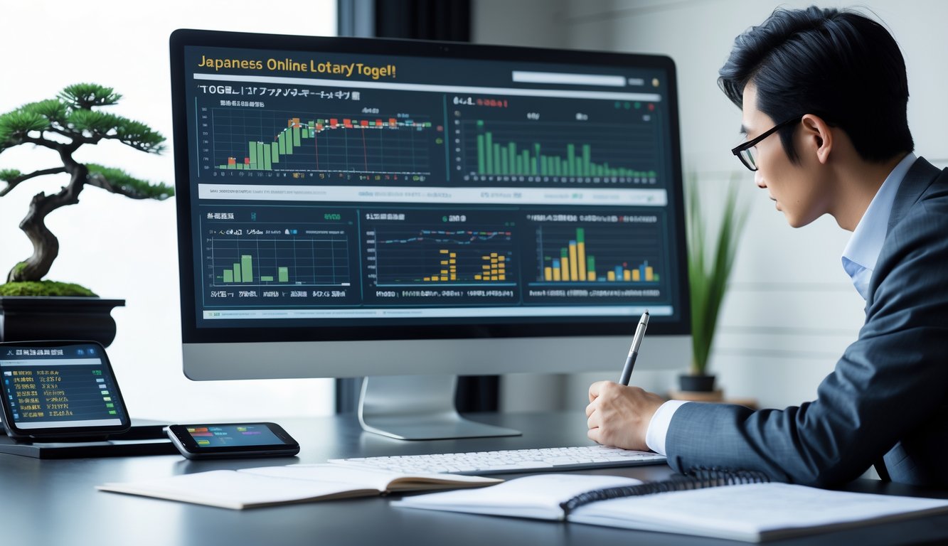 Seorang pria sedang menganalisis data statistik mingguan judi togel online Jepang di depan komputer di sebuah kantor modern.