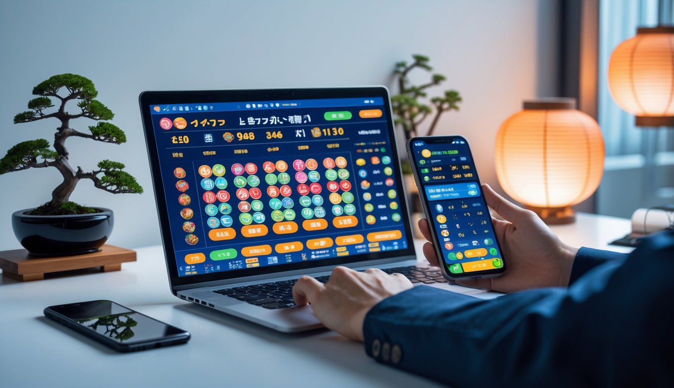Meja kerja modern dengan laptop dan ponsel yang menampilkan aplikasi judi togel online Jepang, dikelilingi dekorasi minimalis dan elemen budaya Jepang.