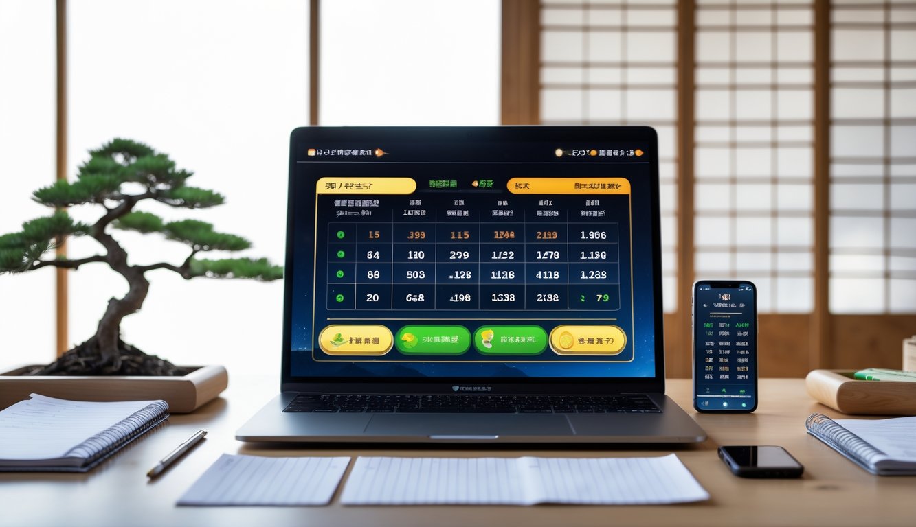 Sebuah ruang kerja modern dengan laptop yang menampilkan antarmuka togel Jepang, catatan rapi, dan ponsel di atas meja, dengan tanaman bonsai kecil dan layar shoji di latar belakang.