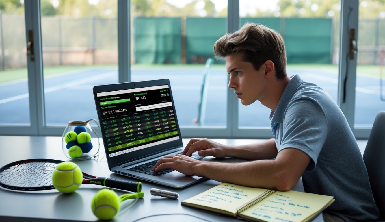 Seorang pemula sedang duduk di meja dengan laptop yang menampilkan statistik tenis dan peluang taruhan, di sekitar meja terdapat bola tenis, raket, dan buku catatan taruhan olahraga.