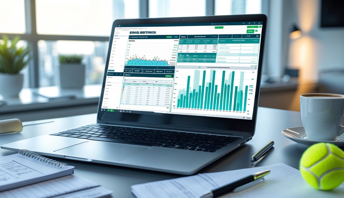 Meja kerja dengan laptop yang menampilkan grafik statistik tenis, buku catatan, pena, kopi, raket tenis, dan bola tenis di ruangan kantor yang terang.
