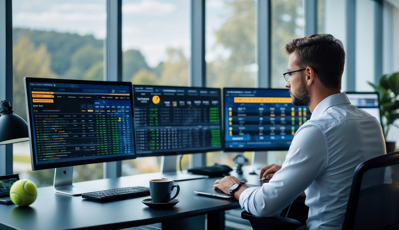 Seorang analis olahraga sedang bekerja di depan beberapa monitor yang menampilkan data dan statistik tenis di sebuah kantor modern.