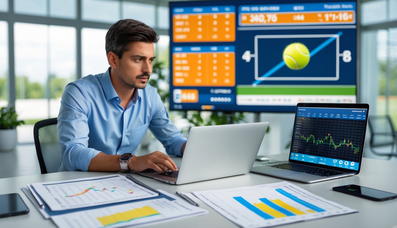 Seorang pria sedang duduk di meja dengan laptop dan dokumen, menganalisis strategi taruhan olahraga tenis.