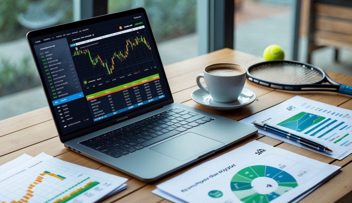 Meja kerja dengan laptop yang menampilkan data odds dan pasaran taruhan tenis, dokumen dengan grafik, kopi, raket tenis, dan bola tenis di atas meja.