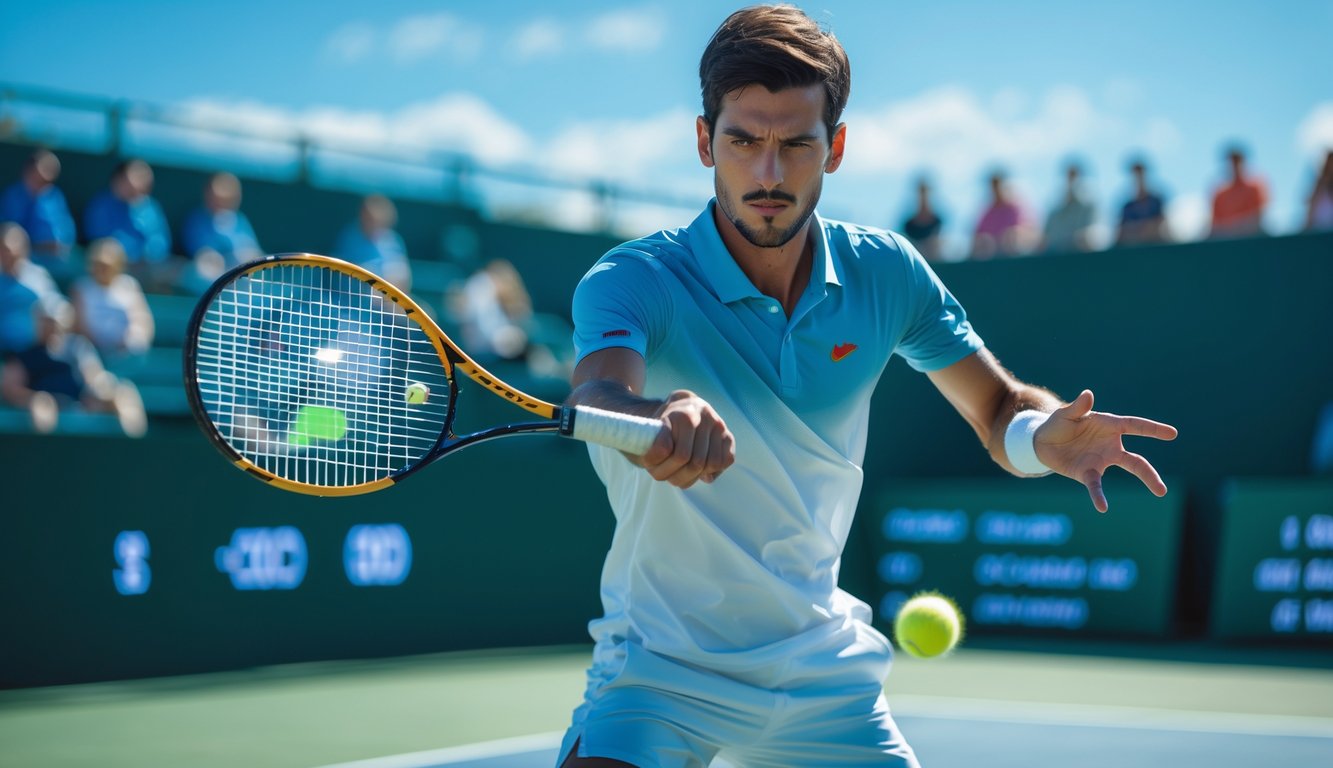Seorang pemain tenis pria sedang memukul bola di lapangan tenis outdoor dengan latar belakang penonton dan layar digital menampilkan statistik pertandingan.