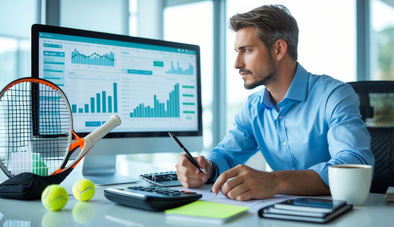 Seorang pria duduk di meja kantor modern sambil menganalisis grafik keuangan dengan raket dan bola tenis di meja.