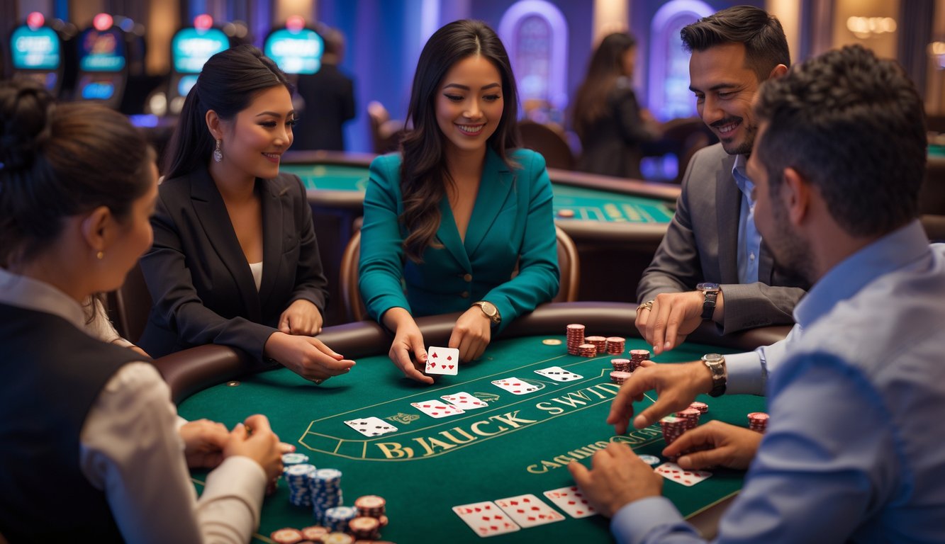 Meja blackjack switch di kasino dengan pemain pemula yang sedang belajar dari dealer, suasana ramah dan profesional.