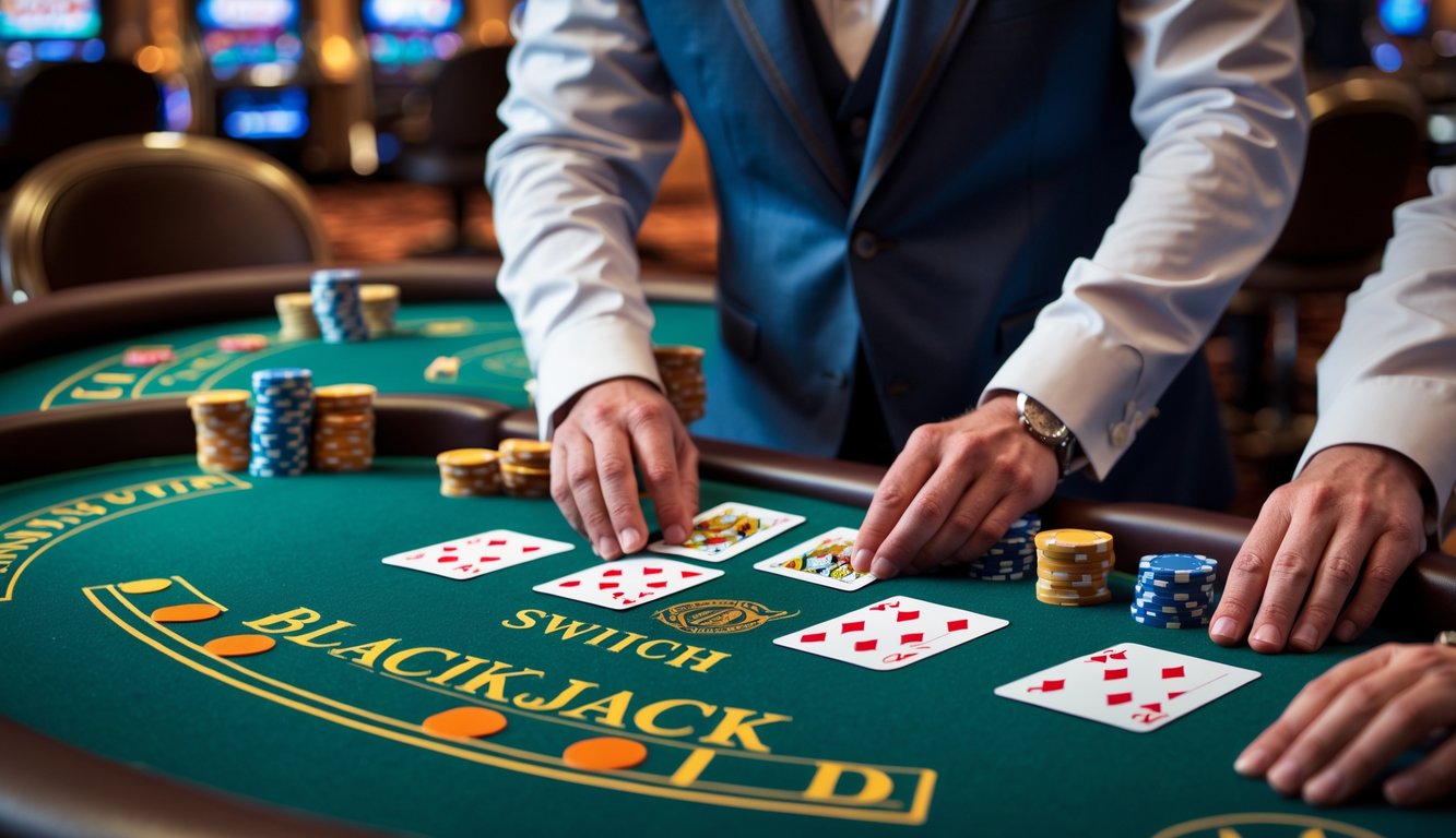 Seorang dealer di meja blackjack dengan beberapa tangan kartu dan tumpukan chip, di dalam suasana kasino yang elegan.