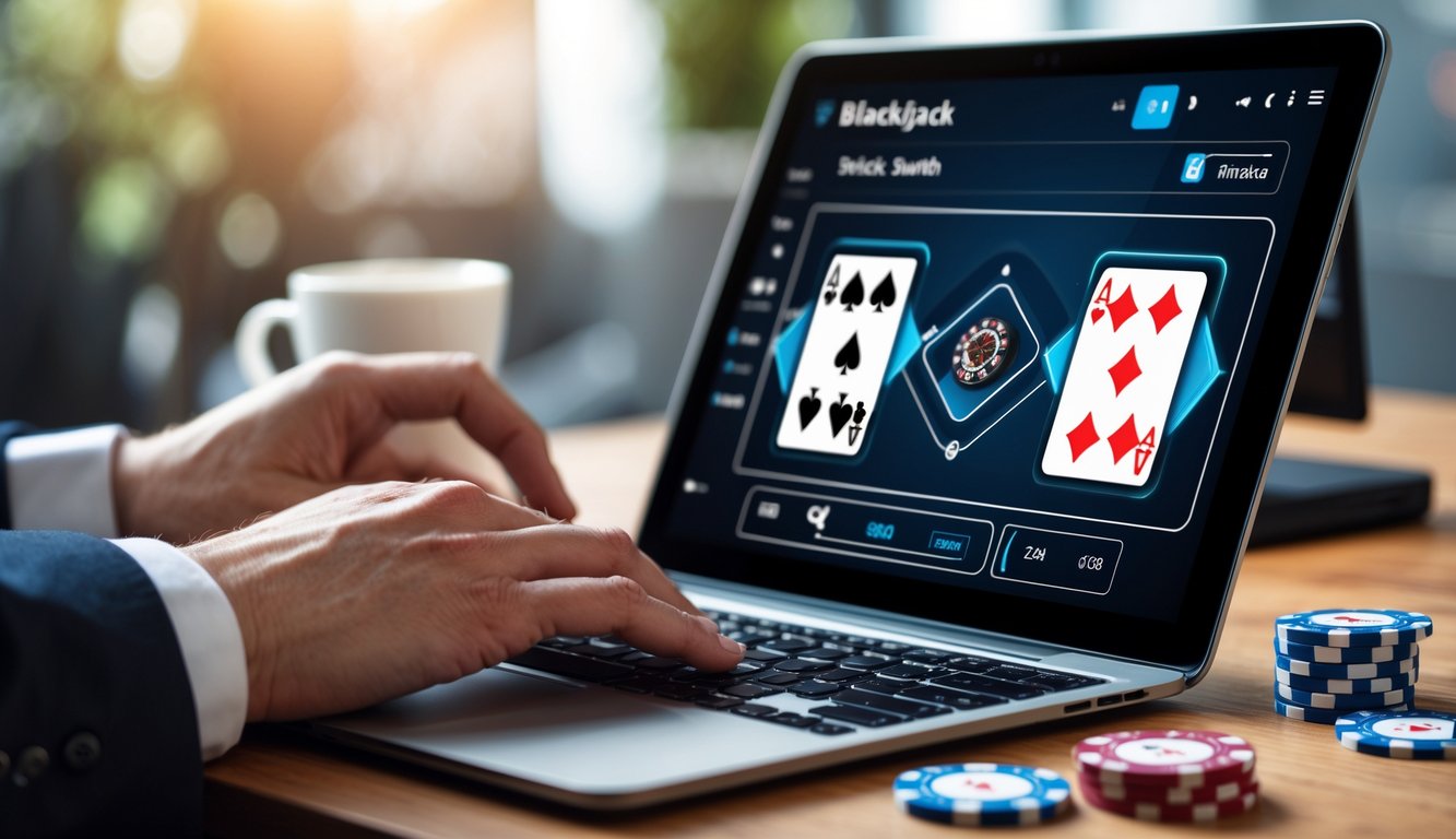 Seorang pemain sedang bermain blackjack switch online di laptop dengan kartu dan chip poker di atas meja kayu.