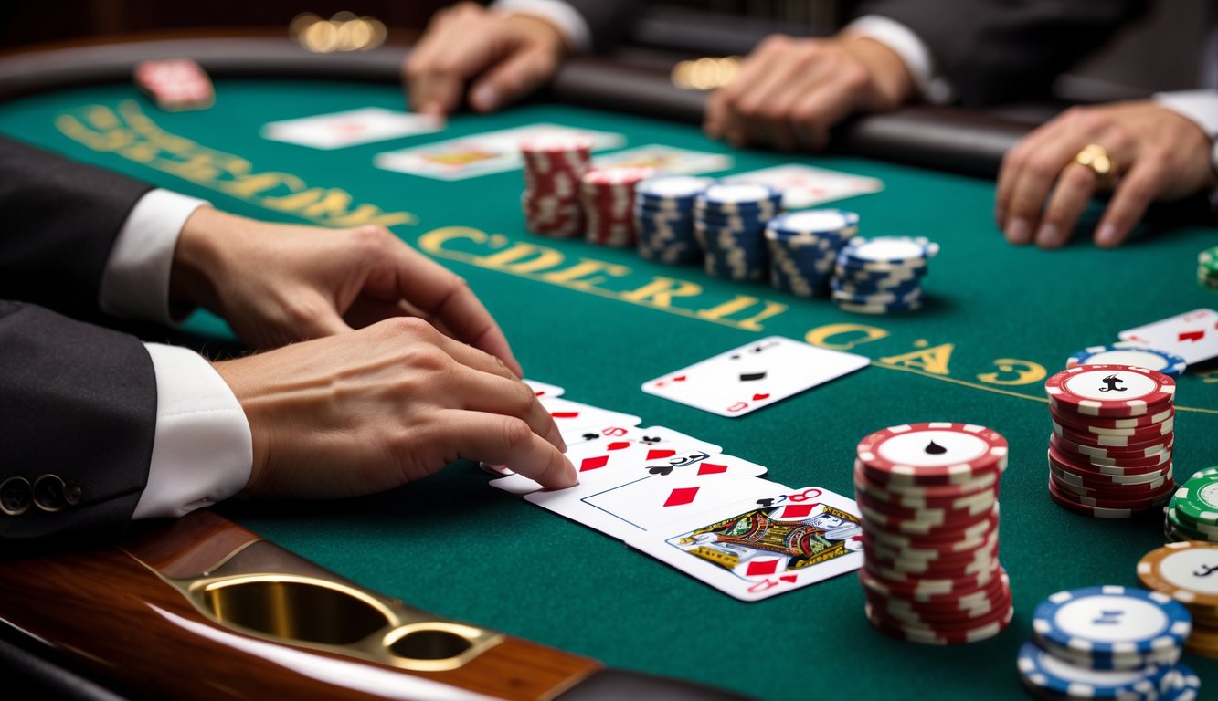 Meja blackjack dengan dua tangan sedang memainkan kartu dan tumpukan chip poker di atas meja hijau.