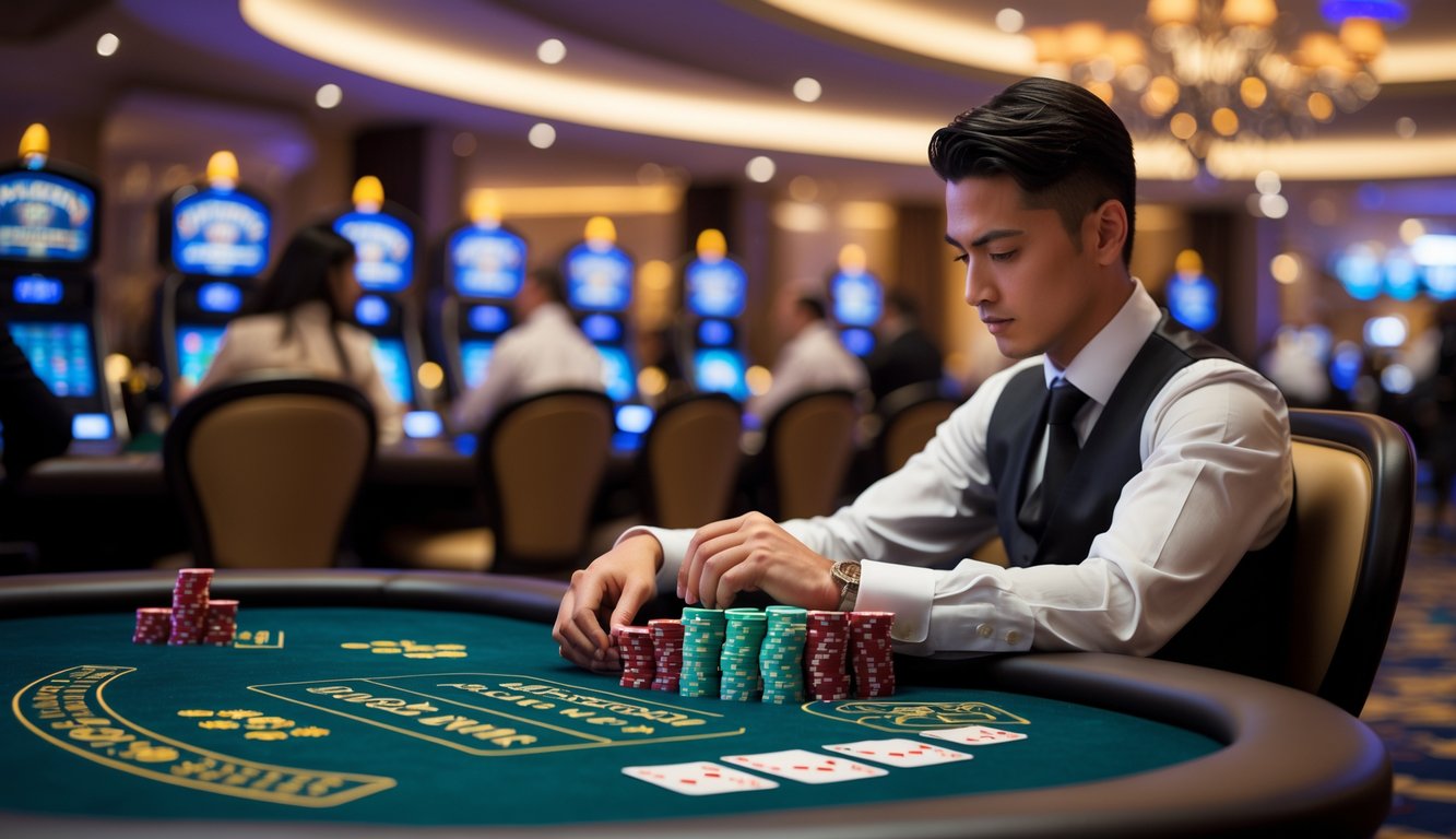 Seorang pemain berjudi di meja blackjack dengan kartu dan chip tertata rapi, menunjukkan suasana kasino yang mewah.