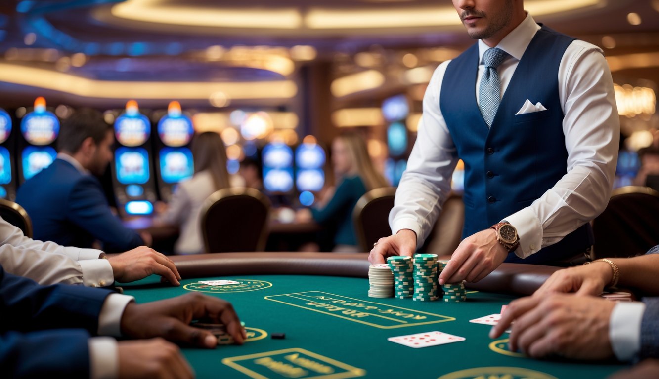 Meja blackjack switch di kasino dengan dealer dan pemain yang sedang bermain kartu.