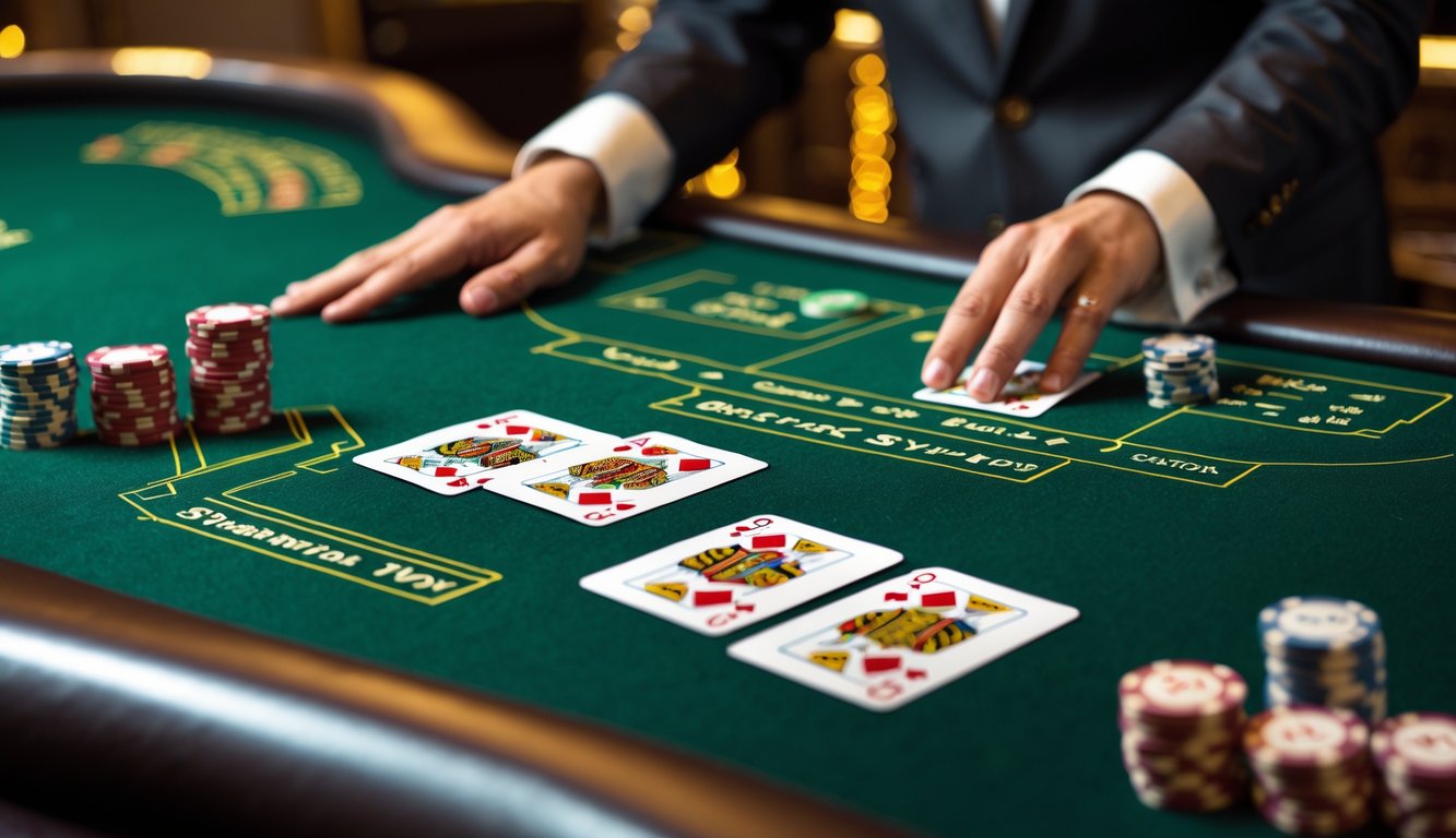 Meja blackjack di kasino dengan dua tangan kartu dan tumpukan chip, dealer sedang mengatur kartu, suasana kasino yang elegan.