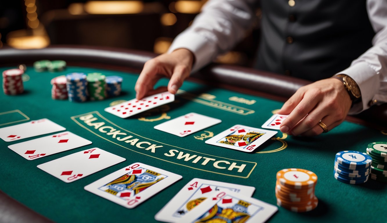 Meja blackjack di kasino dengan kartu dan tumpukan chip, dealer sedang membagikan kartu.