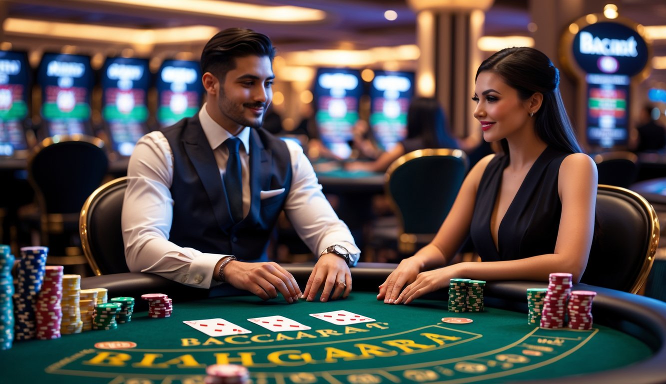 Dua pemain berjudi di meja Baccarat dengan kartu dan chip kasino di suasana kasino mewah.