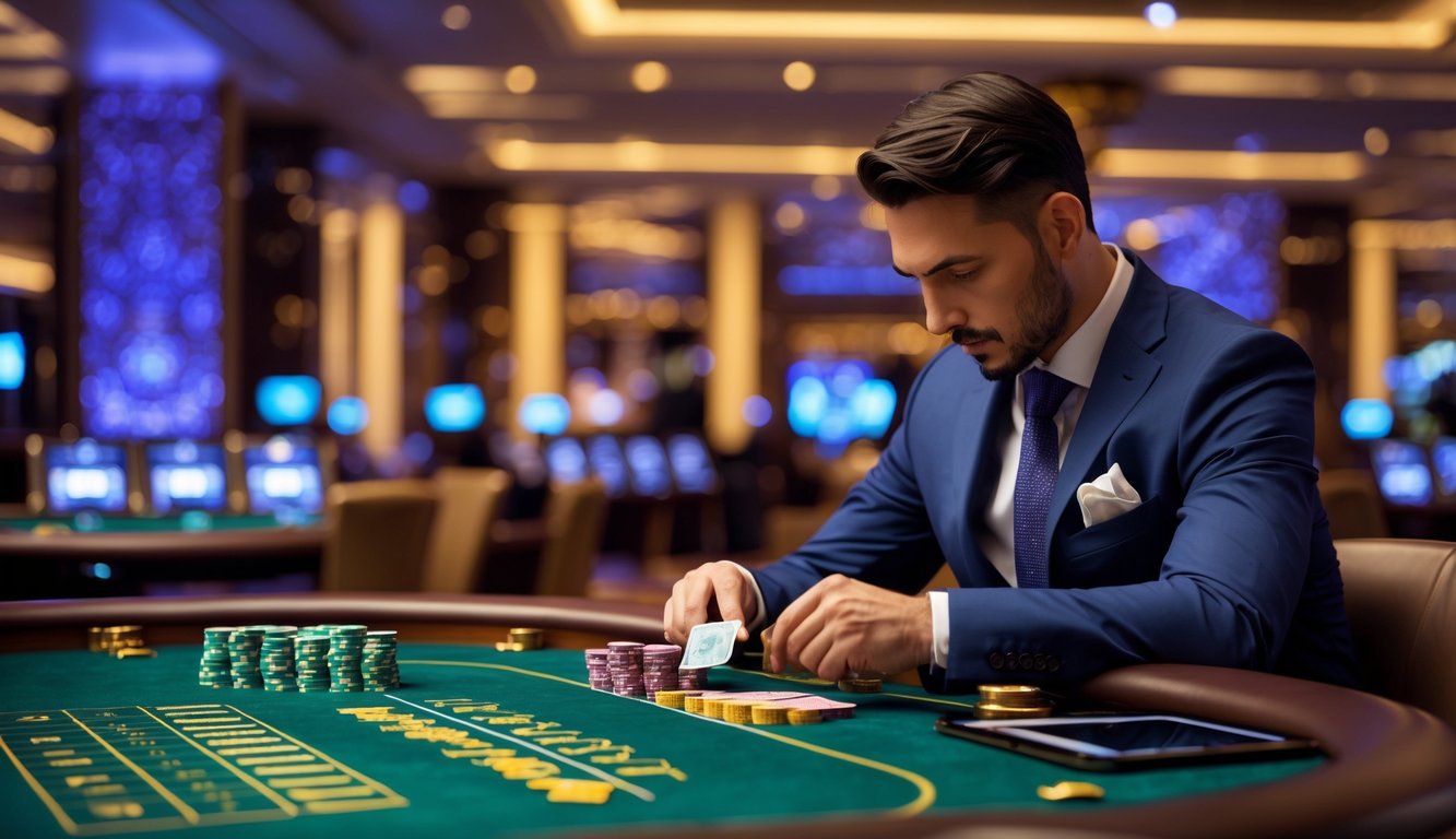 Seorang pemain berpakaian rapi sedang fokus bermain baccarat di meja kasino dengan tumpukan chip dan kartu, di dalam ruangan kasino mewah.