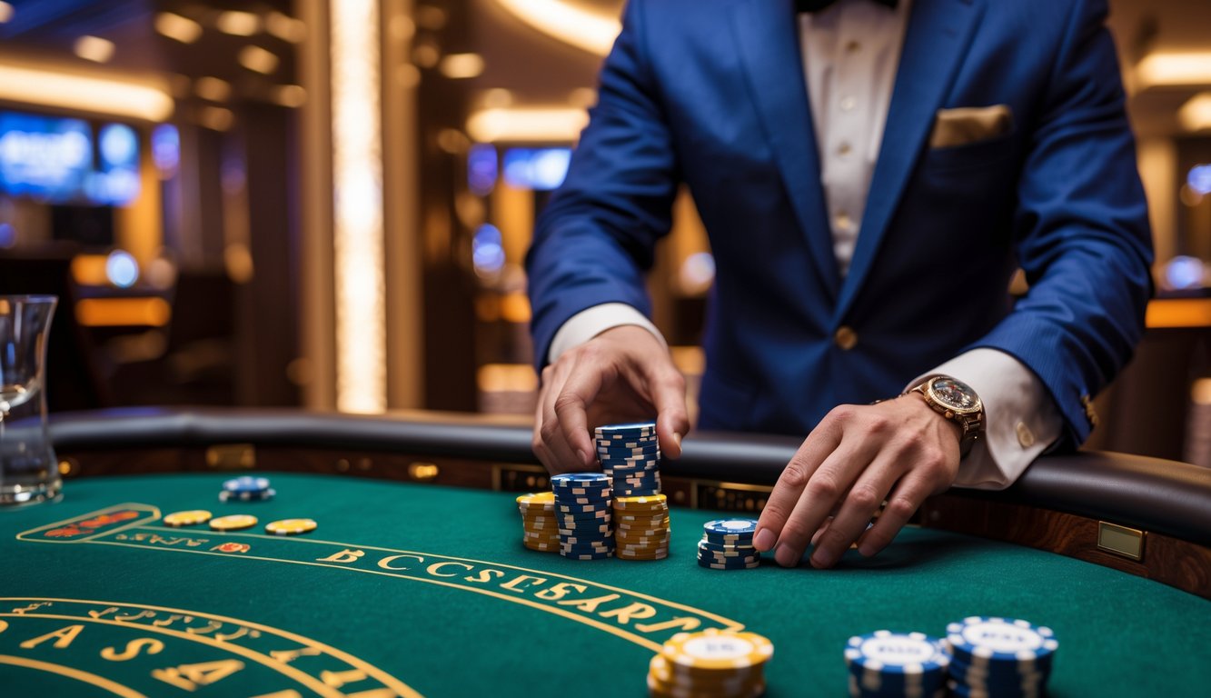 Seorang pemain berjudi baccarat dengan meja hijau dan chip di kasino mewah.