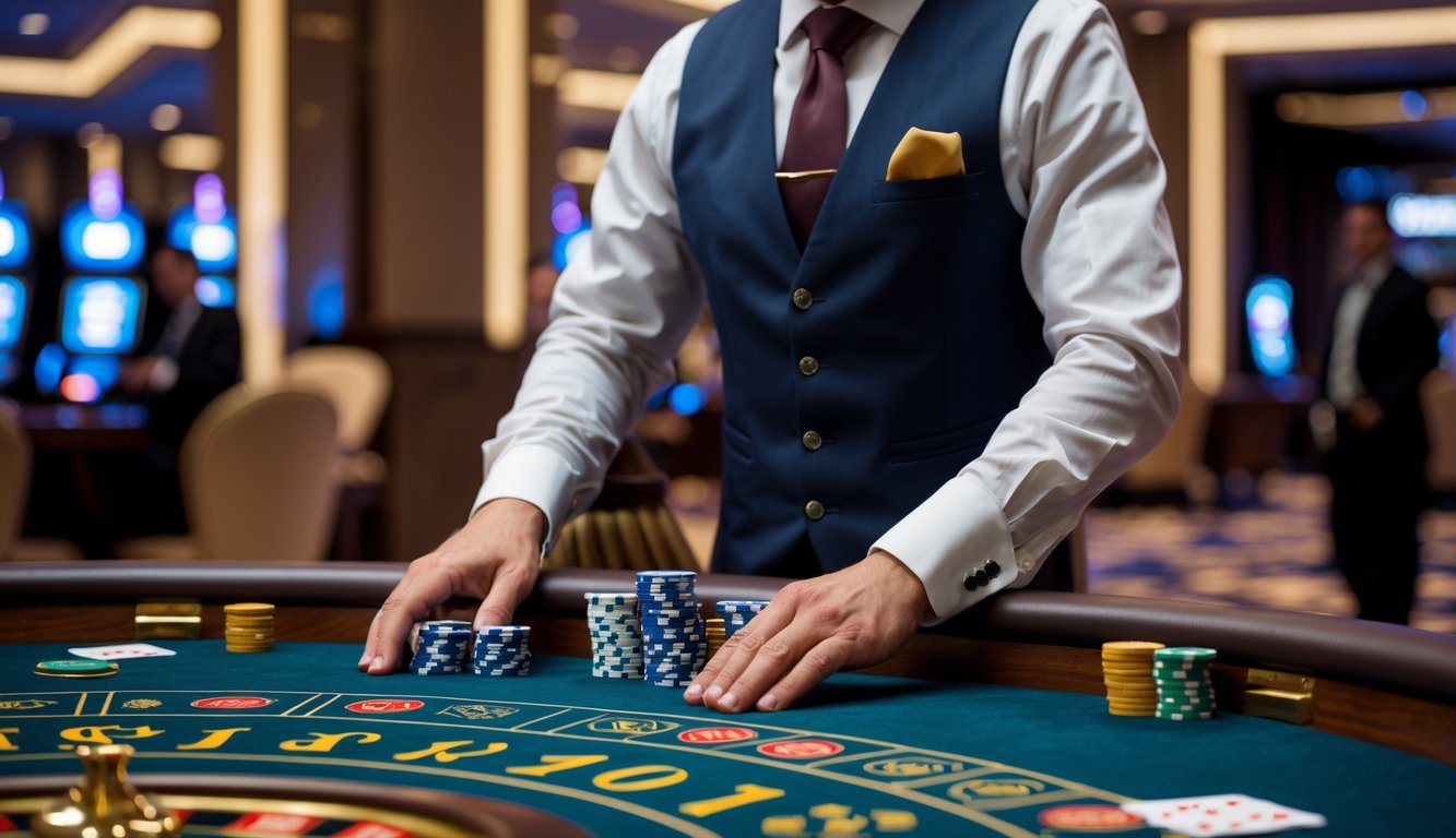 Seorang dealer di meja Baccarat dengan kartu dan chip di kasino yang elegan, dikelilingi oleh pemain yang memperhatikan permainan.