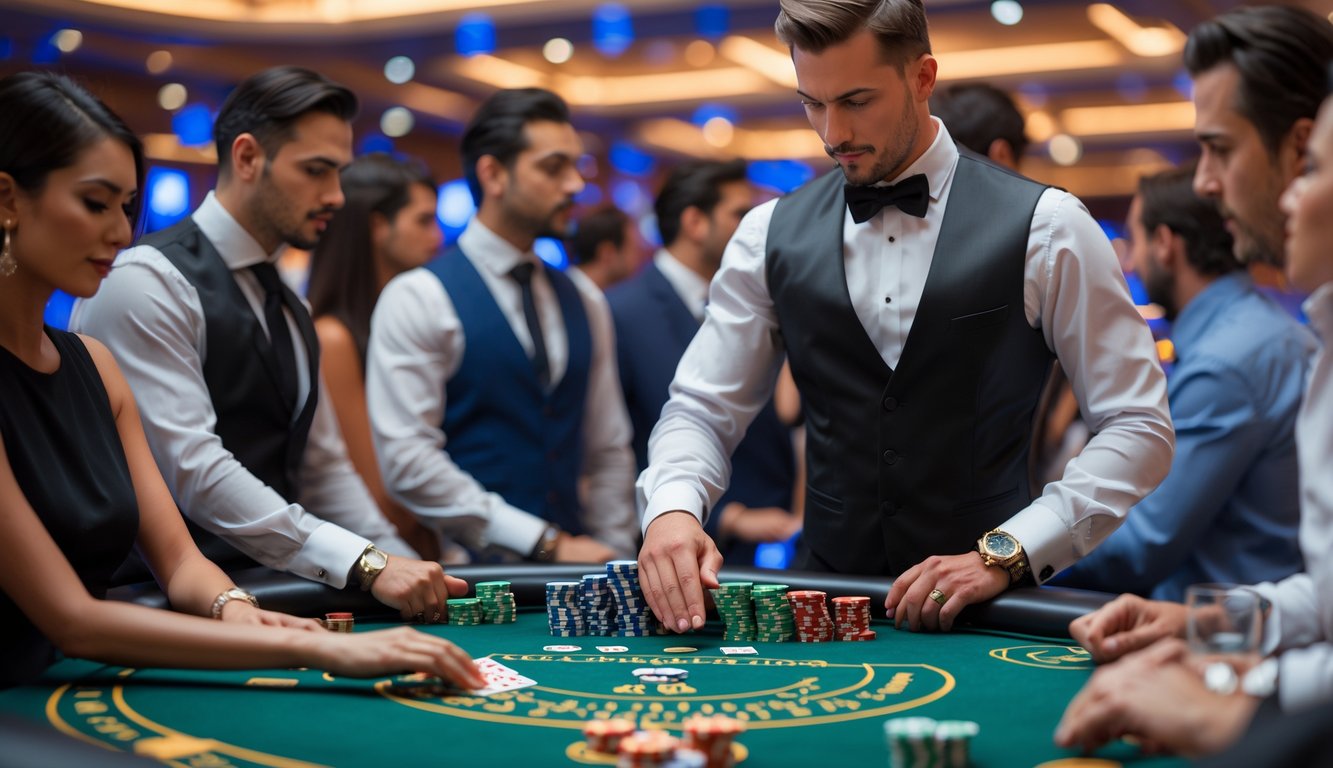Seorang dealer dan beberapa pemain sedang bermain baccarat di meja kasino dengan suasana yang fokus dan elegan.