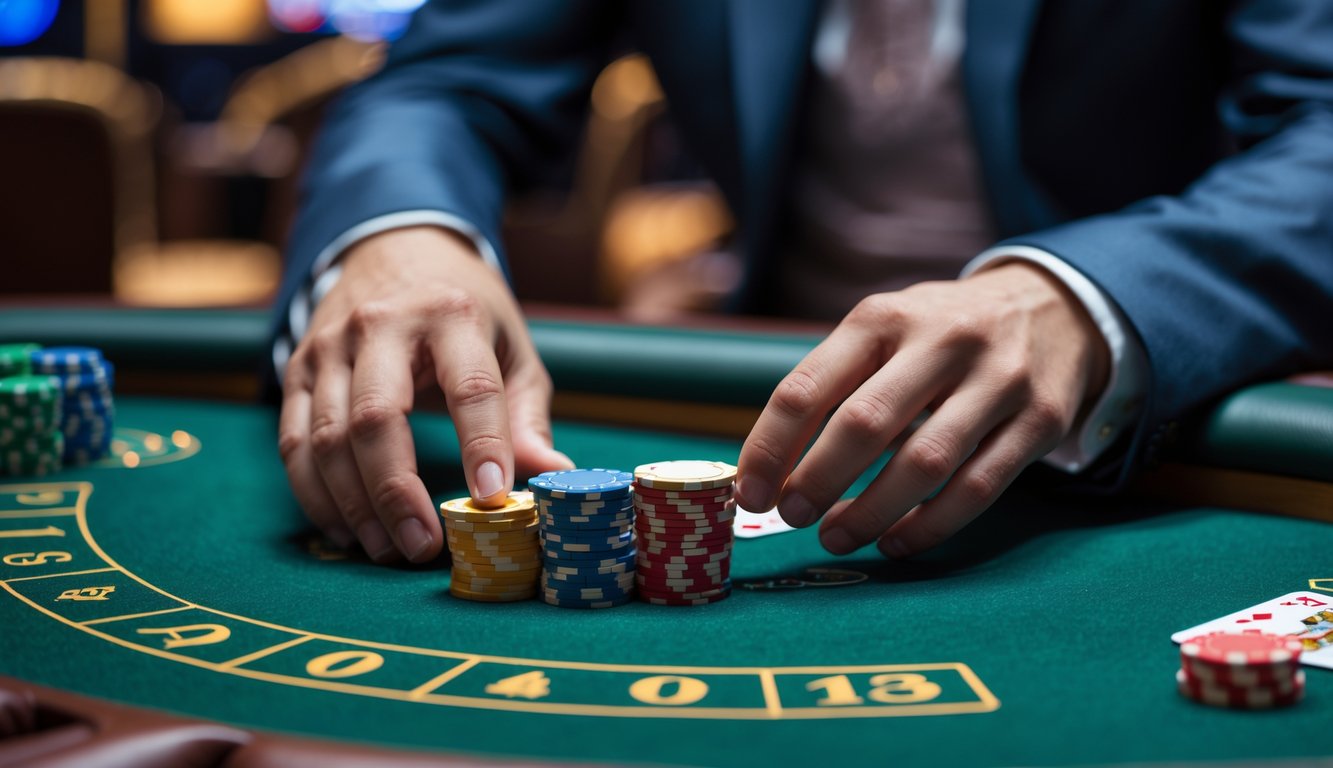 Seorang pemain sedang duduk di meja baccarat dengan tumpukan chip kecil dan kartu di tangan, fokus bermain di suasana kasino yang tenang.