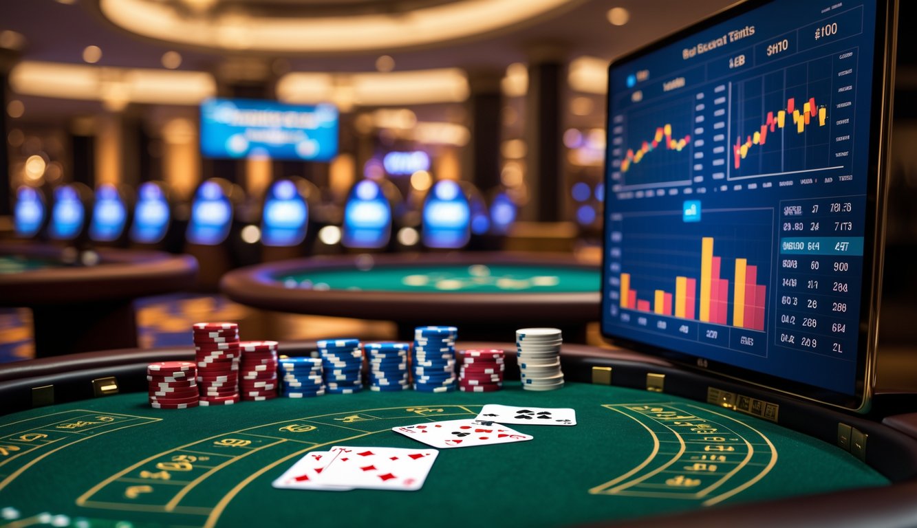 Meja baccarat dengan kartu dan chip berjajar rapi, layar menampilkan data statistik permainan di latar belakang kasino.