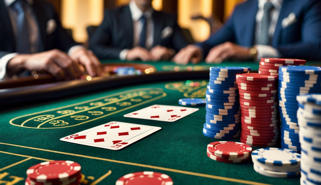 Meja baccarat dengan kartu dan tumpukan chip poker di kasino, dengan pemain berpakaian rapi di latar belakang.