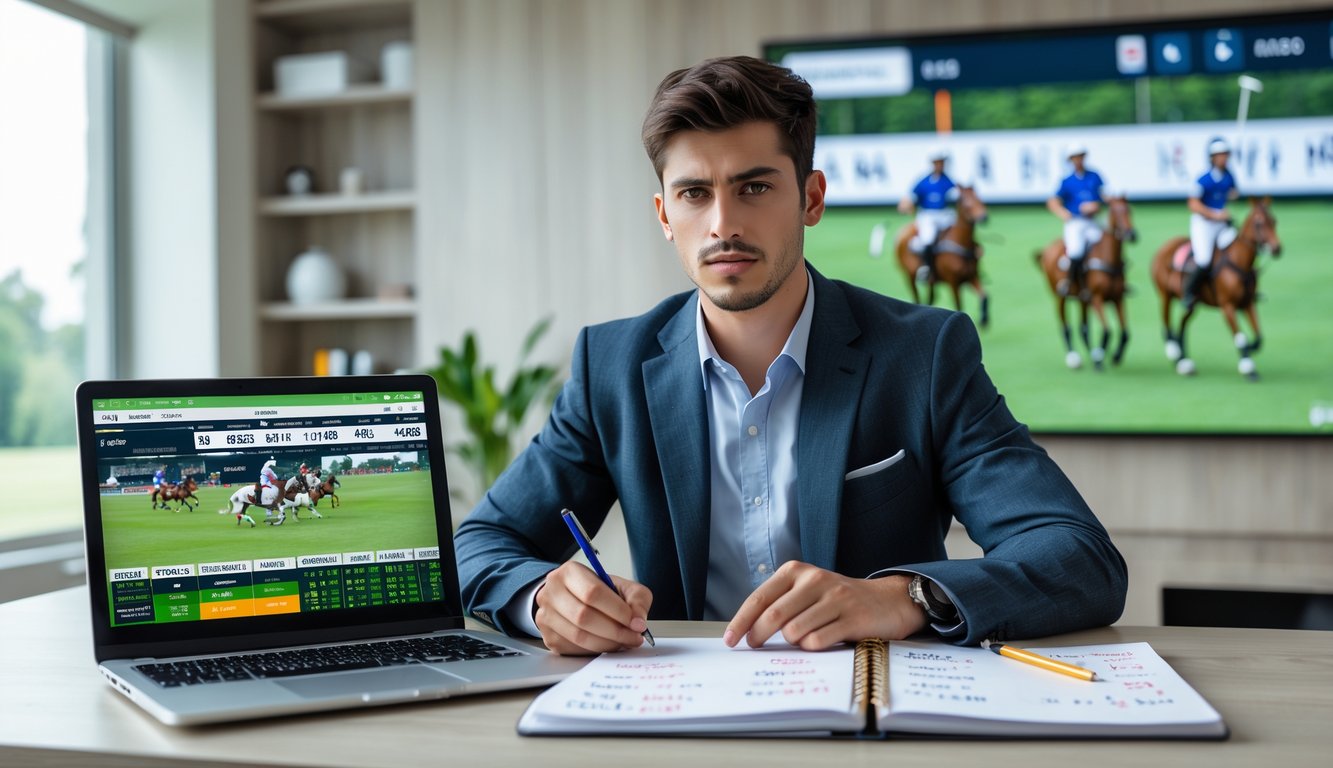 Seorang pria muda sedang belajar strategi taruhan olahraga polo di depan laptop dengan catatan dan layar menampilkan pertandingan polo.