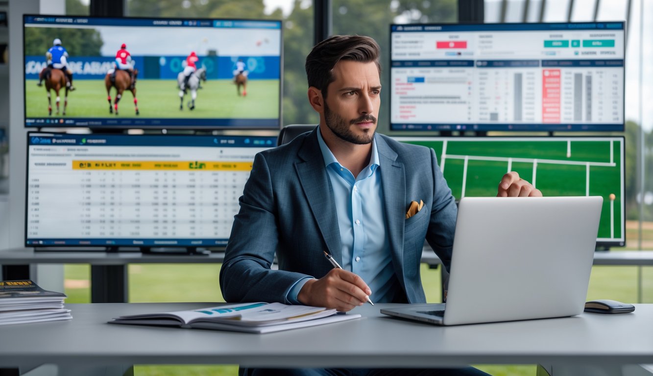 Seorang pria duduk di meja modern dengan layar komputer yang menampilkan statistik pertandingan polo kuda, sedang menganalisis data dengan serius di kantor yang terang dan terlihat lapangan polo di luar jendela.