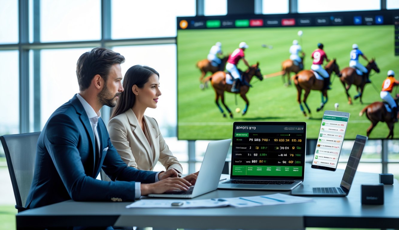 Dua orang duduk di meja dengan perangkat digital yang menampilkan informasi taruhan olahraga polo, latar belakang menunjukkan pertandingan polo sedang berlangsung di lapangan hijau.