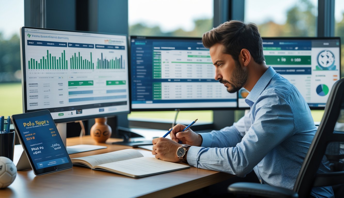 Seorang analis olahraga sedang memeriksa statistik tim polo di meja kerjanya dengan beberapa layar komputer dan alat tulis.