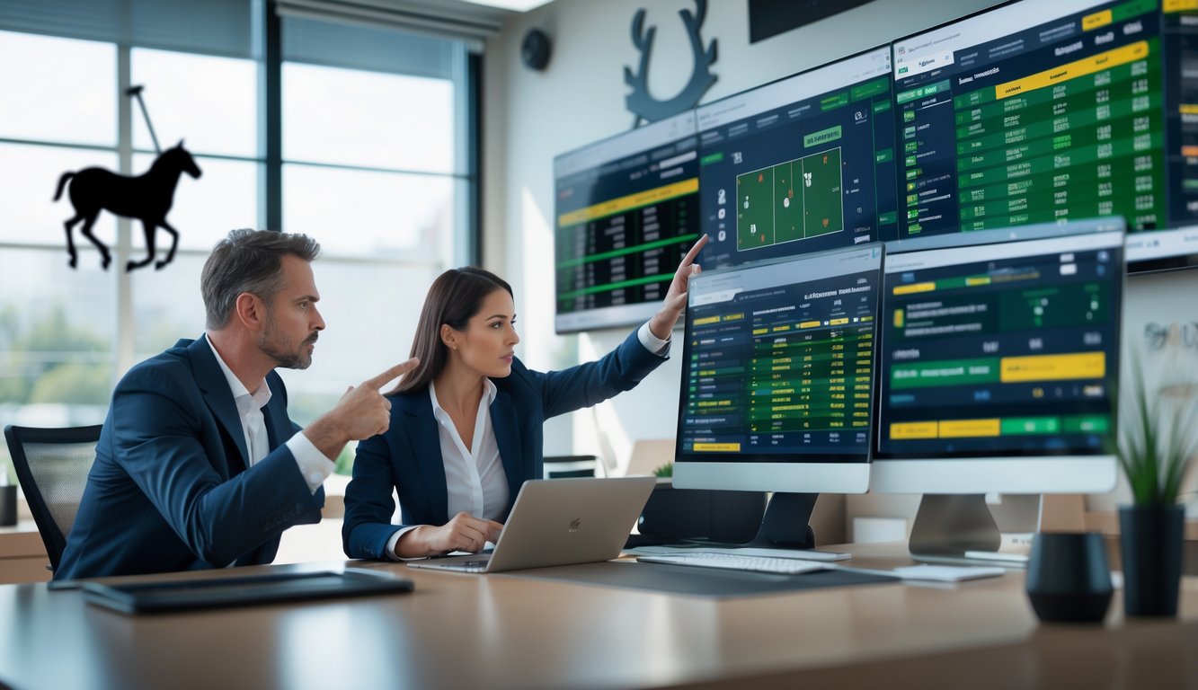 Dua orang profesional sedang menganalisis data taruhan olahraga polo di sebuah kantor modern.