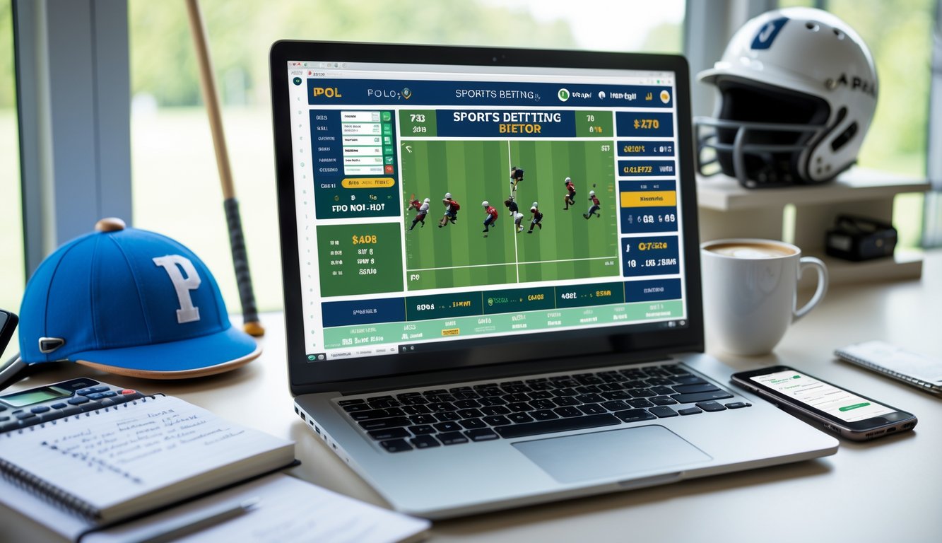 Meja kerja dengan laptop menampilkan statistik taruhan polo, buku catatan, kalkulator, dan telepon pintar.
