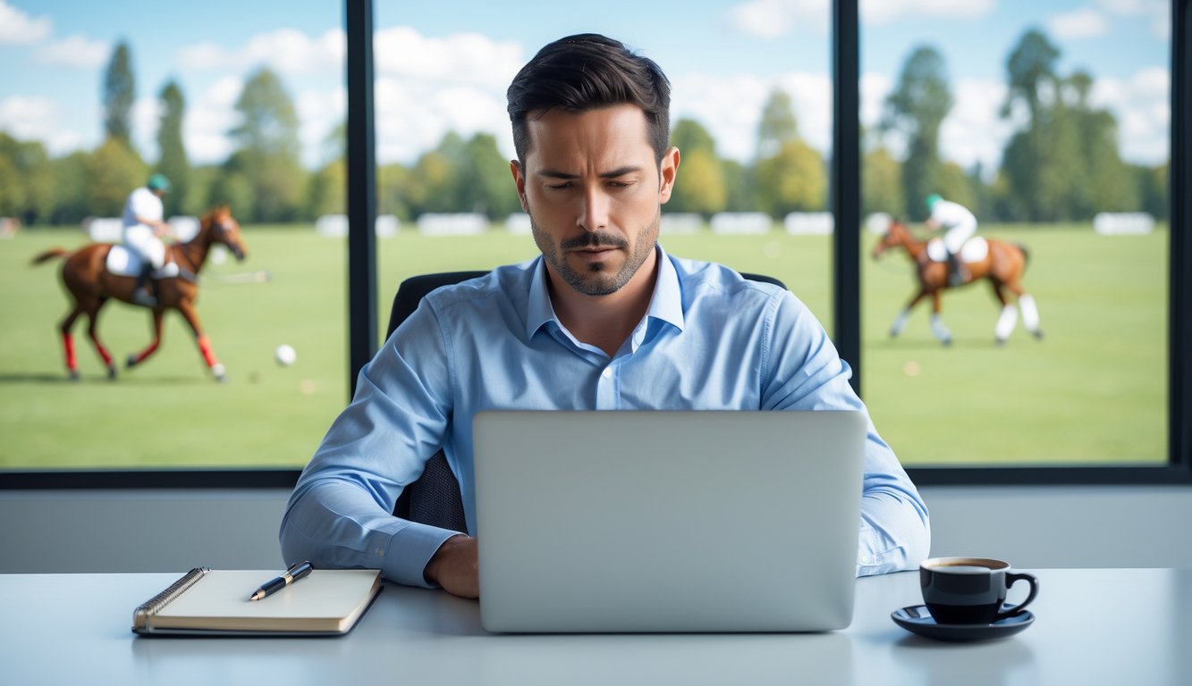 Seorang pria duduk di meja dengan laptop, fokus menganalisis data taruhan olahraga polo di kantor dengan jendela yang menunjukkan pertandingan polo di luar.
