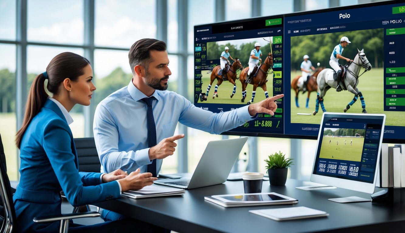 Dua orang sedang berdiskusi di kantor modern dengan layar yang menampilkan pertandingan polo dan data taruhan olahraga.