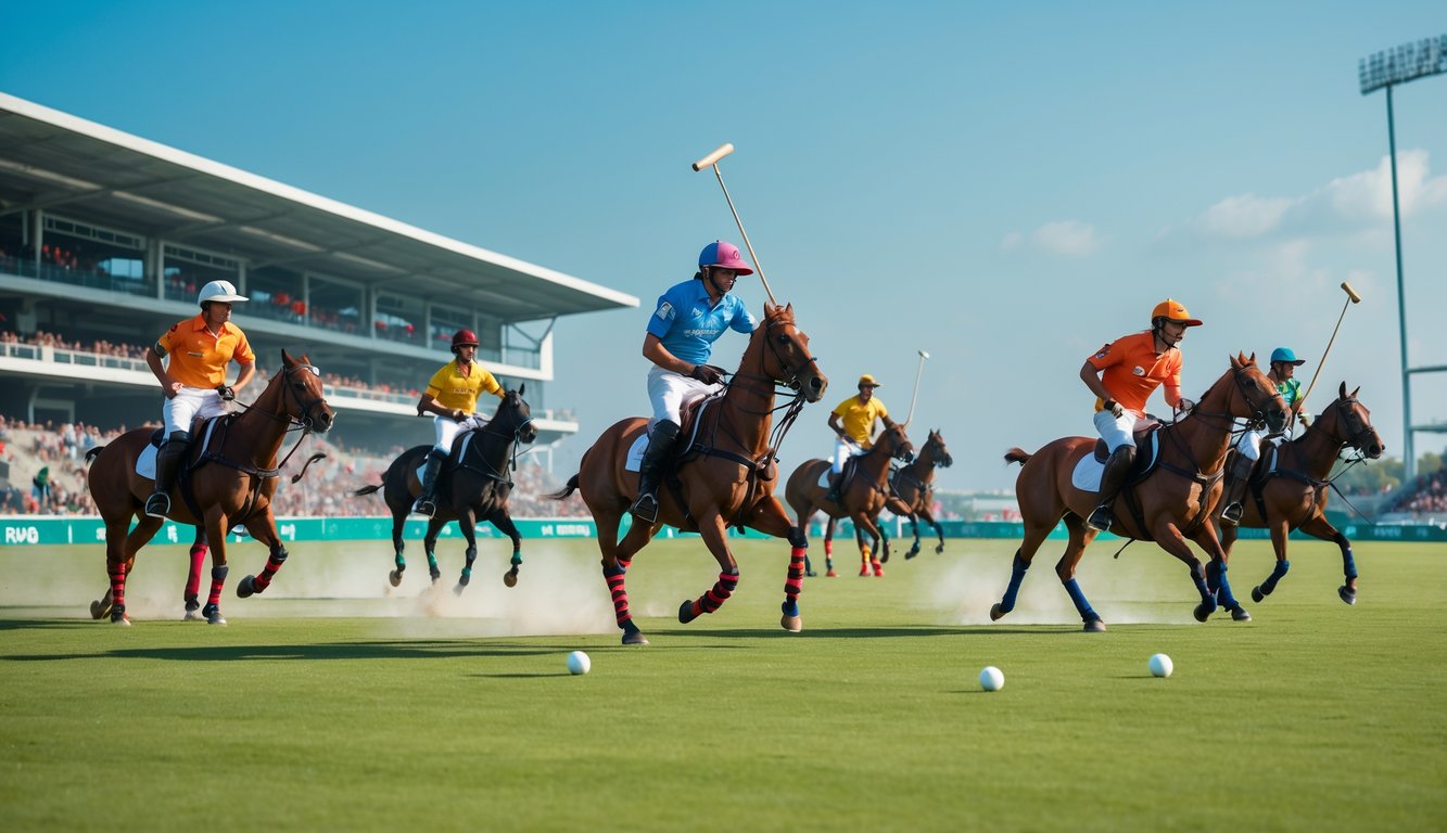 Pertandingan polo sedang berlangsung di lapangan hijau dengan pemain menunggang kuda dan penonton di latar belakang