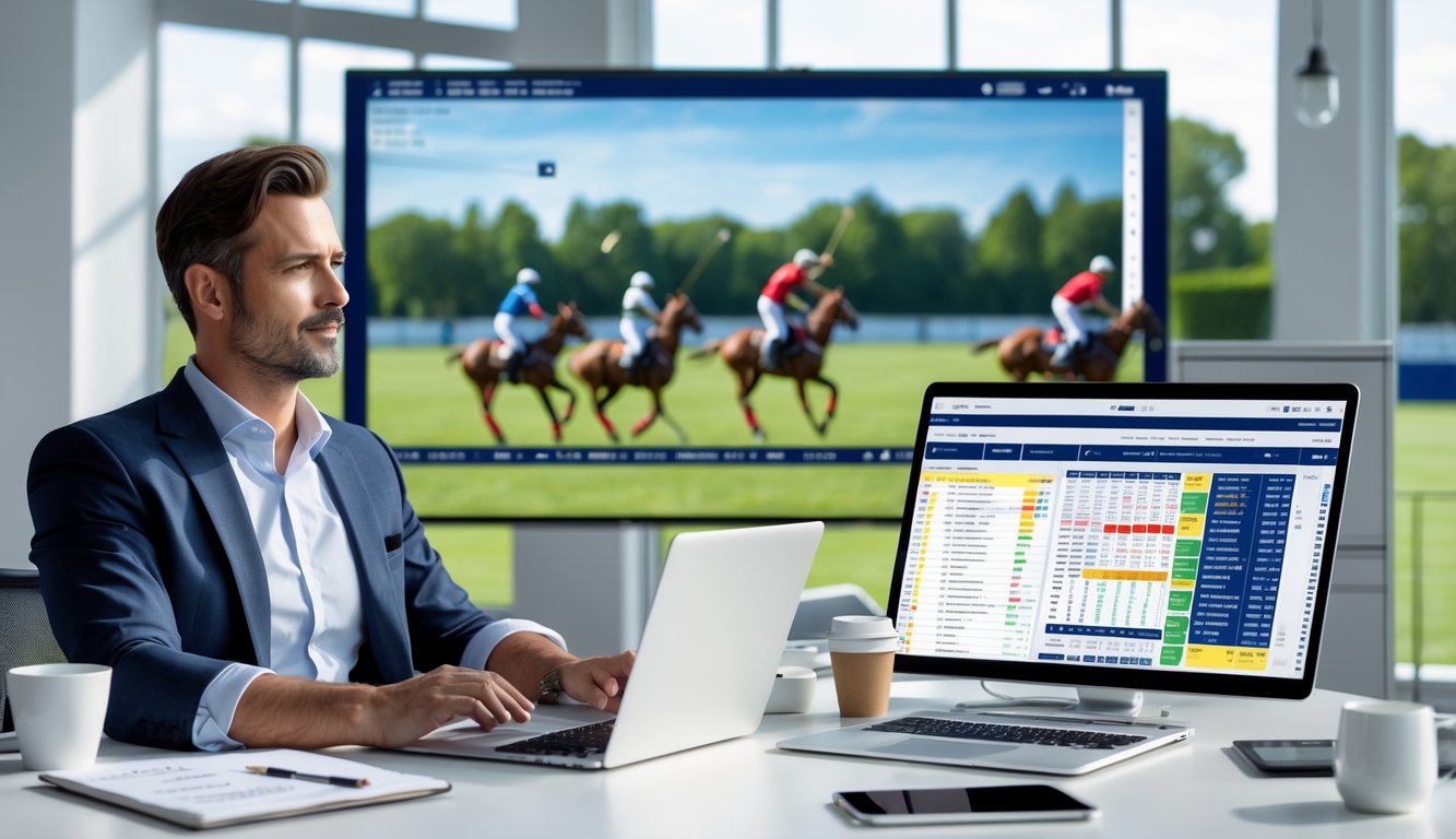 Seorang pria duduk di meja dengan perangkat digital yang menampilkan statistik dan informasi pertandingan polo, dengan layar besar di belakangnya menunjukkan pertandingan polo yang sedang berlangsung di lapangan hijau.