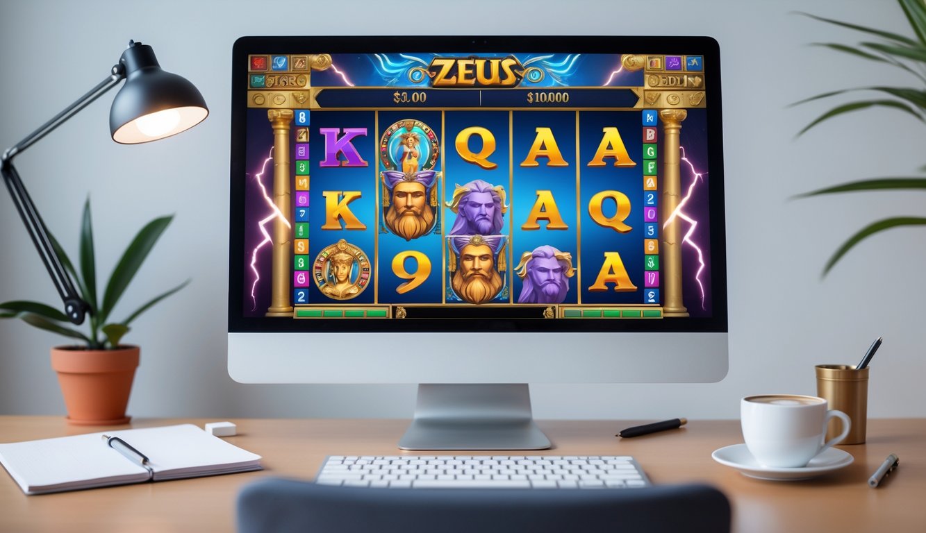 Seorang pemain judi slot online menggunakan komputer dengan tampilan permainan slot bertema Zeus, dikelilingi oleh alat tulis dan secangkir kopi di meja.